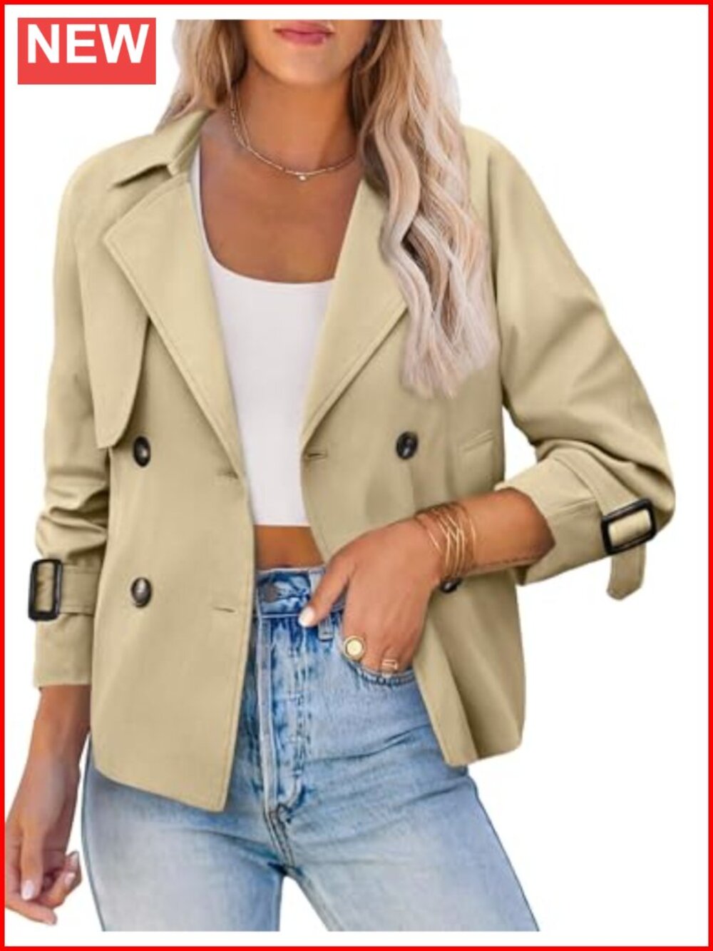 Women's Cropped Trench Coat Double Breasted Short Jacket with Pockets